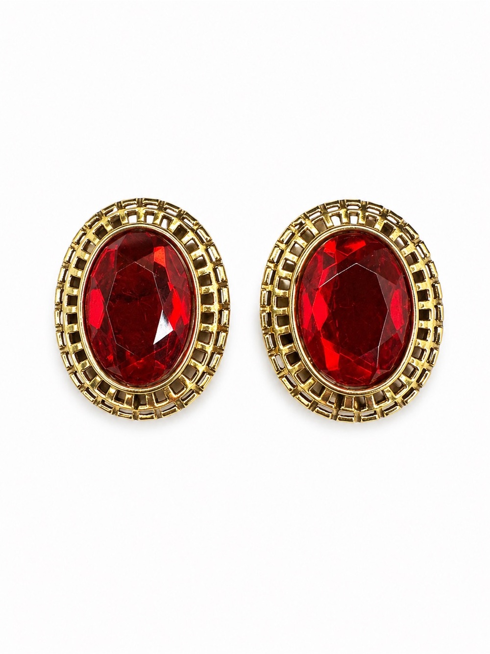 Vintage Gold-Tone Earrings with Deep Red Oval Cabochon